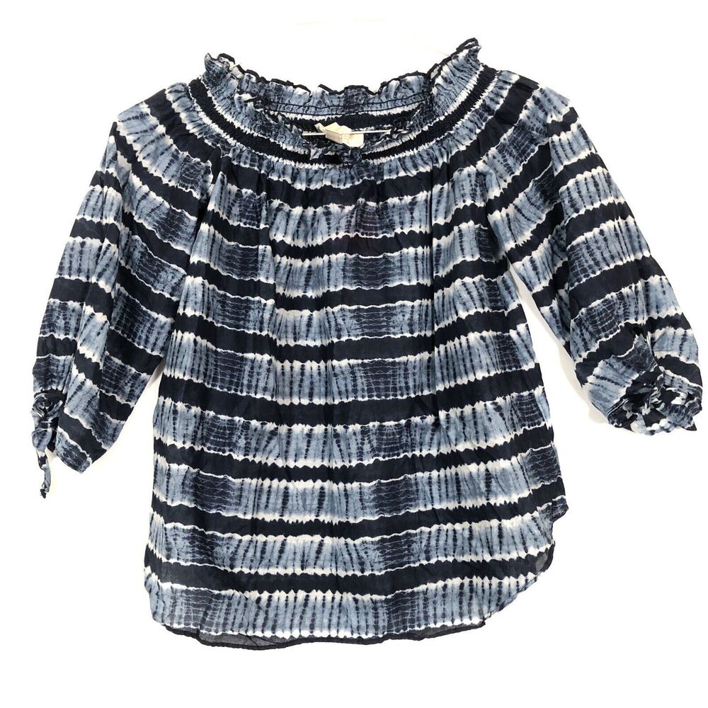 Michael Kors Ruffle Neck Tie Dye Blouse Size S Blue Stripe 3/4 Sleeve Tie Cuff
